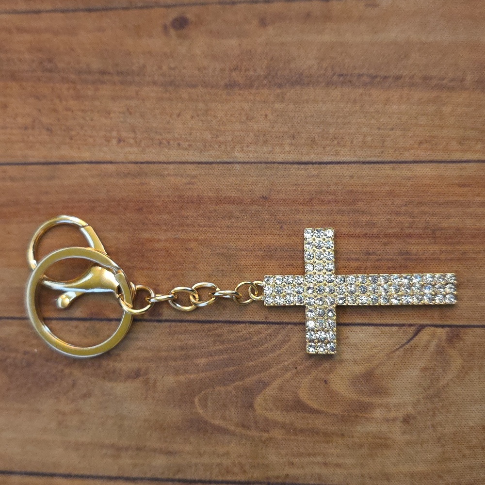 Cross Keychain Gold Toned With Rhinestone Decor Key Ring Bag Charm